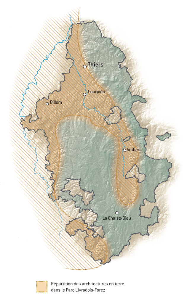 Carte du Parc Livradois-Forez montrant la répartition des architectures terres